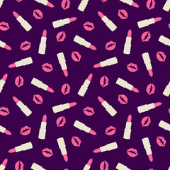.Glamorous pattern with pink kisses and lipstick seamless pattern. Cosmetic seamless pattern. Vector illustration