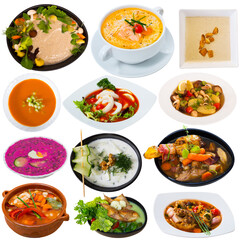 Collection of various soup courses isolated on white background..
