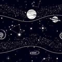 Obraz na płótnie Canvas Space seamless pattern, beautiful galaxy, stars, planets, constellations in outer space. Texture for wallpapers, fabric, wrap, web page backgrounds, vector illustration