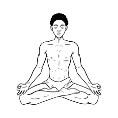 Young meditating yogi man in lotus pose isolated on white. Beautiful black African American boy. Vector illustration