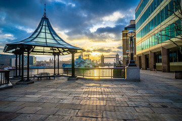 Fototapeta na wymiar London Tower Bridge in early morning viewed from Morgan's Lane in London,England