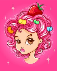Hairstyle of whipped cream. Portrait of a cute girl. Vector illustration.