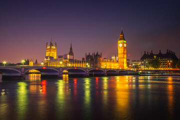 Big Ben and Westminster at night in London. England