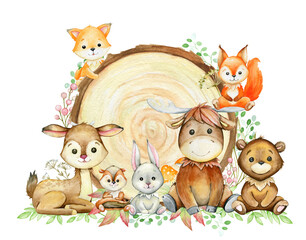 Fox, deer, Chipmunk, rabbit, moose, bear, and squirrel. Watercolor forest animals, on a wooden background, in a cartoon style.