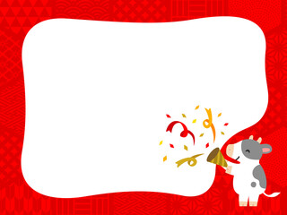 赤い和柄のフレームとクラッカーを鳴らす乳牛