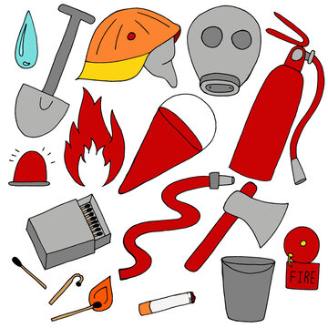 fire safety set in case of fire, doodle style vector element, black outline, colored elements
