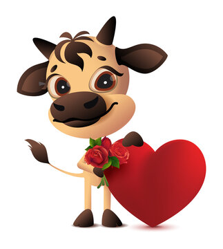 Cute bull holding heart and bouquet of roses valentines day gift