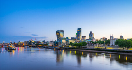 Skyline of London financial district at dawn