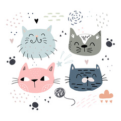 Cute hand drawn cat childish print. Childish print for apparel, nursery decoration, cards,posters, t-shirt. Vector Illustration
