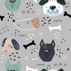 Childish seamless pattern with hand drawn dogs. Trendy scandinavian vector background. Perfect for kids apparel,fabric, textile, nursery decoration,wrapping paper