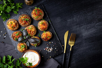  Baked stuffed mushrooms on a black background, top view, copy space