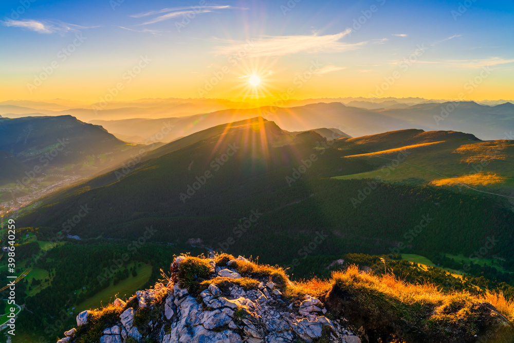 Sticker Beautiful sunset view of Dolomites seen from Seceda peak South Tyrol, Italy.