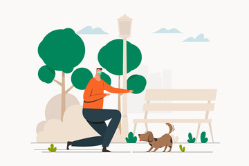 Men playing with the dog in the park. Outdoor activity during new normal and wearing mask. Flat vector illustration character