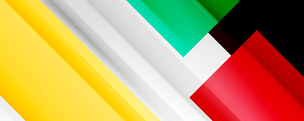 Geometric abstract backgrounds with shadow lines, modern forms, rectangles, squares and fluid gradients. Bright colorful stripes cool backdrops