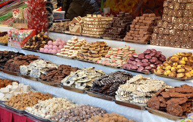 Christmas market stall with chocolate