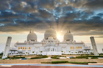 Grand Mosque at sunset in Abu Dhabi. UAE