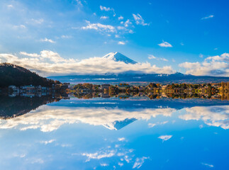 Beautiful landscape of mount Fuji over Lake Kawaguchiko with reflection. Fujikawaguchiko, Japan.