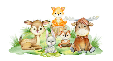 Deer, Fox, Chipmunk, elk, hare, sitting on a green lawn. Watercolor, clipart, with forest animals, cartoon style