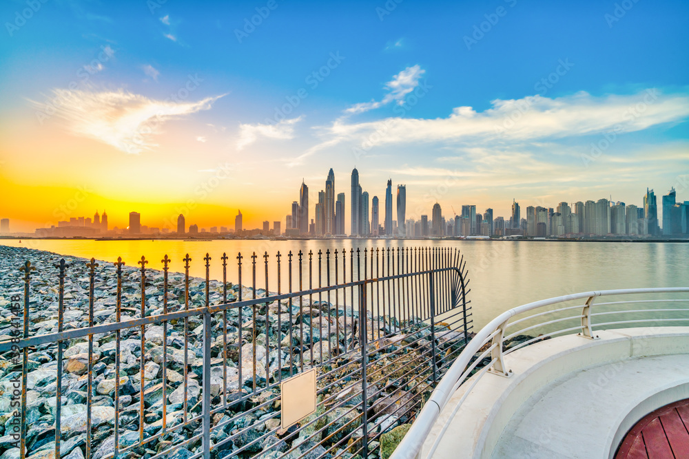 Canvas Prints Morning Panorama of Dubai marina at sunrise. United Arab Emirates