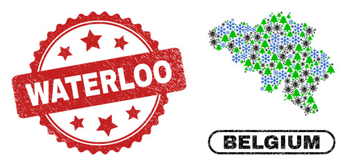 Vector Covid-2019 New Year collage Belgium map and Waterloo unclean stamp seal. Waterloo seal uses rosette shape and red color. Mosaic Belgium map is created of scattered covid- 2019 virus,