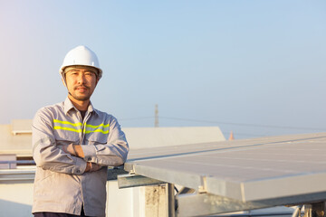 Engineer on a solar plant. Green energy. Electricity. Power energy pannels.
