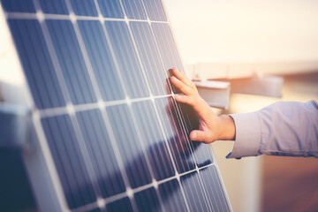 Close up of engineer hand is checking an operation of sun and cleanliness of photovoltaic solar...