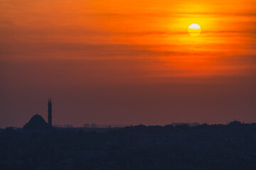 Silhouette view of Suleymaniye Mosque at sunset. Istanbul. Turkey
