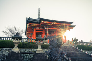 Entrance Kiyomizu-dera Temple with sun flare, Kyoto, Japan