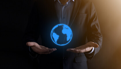 Businessman man hand holding Earth icon , digital globe