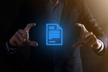 Businessman man holding a document icon in his hand Document Management Data System Business Internet Technology Concept. Corporate data management system DMS