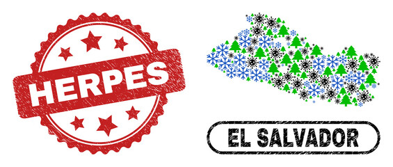 Vector Covid-2019 New Year mosaic El Salvador map and Herpes dirty stamp seal. Herpes seal uses rosette shape and red color. Mosaic El Salvador map is made with randomized Covid, snow flake,