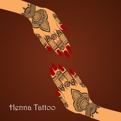 Element yoga mudra hands with henna art. Vector illustration for a yoga studio, tattoo, spas, postcards, souvenirs. Indian traditional lifestyle.
