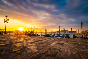 Piazza San Marco with gondolas at sunrise 