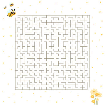 Children riddle with cute bee character and flowers, help to find right way, maze or labyrinth for books in cartoon style on light background