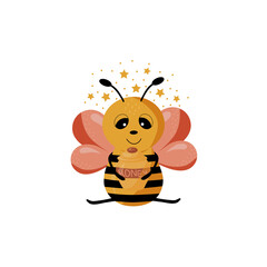 Cute bee isolated on a white background. Vector illustration of a bee holding a jar of honey