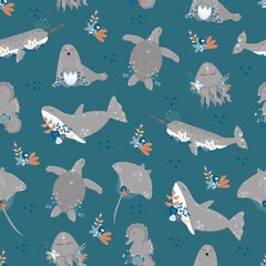 Vector illustration of marine life.Seamless pattern with seahorse, Stingray, Dolphin, jellyfish on a blue background . Printing on fabric