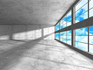Concrete room wall construction on cloudy sky background