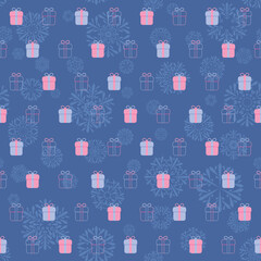 pink and blue holiday gifts on winter repetitive background with snowflakes. vector seamless pattern. fabric swatch. wrapping paper. continuous print. design element for greeting card; banner; flyer