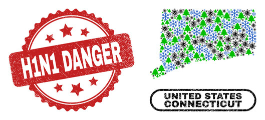 Vector Covid New Year combination Connecticut State map and H1N1 Danger corroded stamp print. H1N1 Danger watermark uses rosette shape and red color.