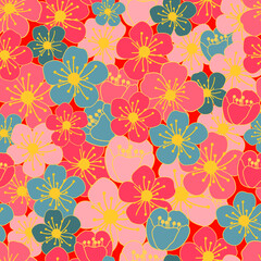 plum cherry blossom seamless vector pattern, japanese plum flower pattern
