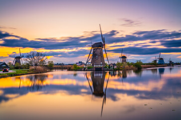 Traditional Dutch windmill at sunset in Kinderdijk. Netherlands 