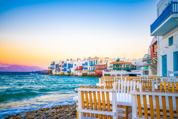Beautiful sunrise at Little Venice on Mykonos island, Cyclades, Greece - obrazy, fototapety, plakaty