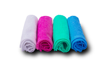 Multi-colored and Multi-purpose microfiber towel rolls isolated on white background. Top view