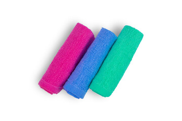 Multi-colored and Multi-purpose microfiber towel rolls isolated on white background. Top view