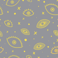 Seamless stylized eyes seamless pattern with 2021 colors (Ultimate Gray + Illuminating). Trend background for your design. Perfect for kids room, decorations for advertising, internet, fabric. 