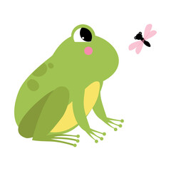 Green Frog with Protruding Eyes Watching Fly Vector Illustration
