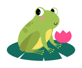 Funny Green Frog with Protruding Eyes Sitting on Leaf of Waterlily Flower Vector Illustration