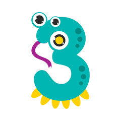 Number Three Cute Monster, Funny Fantasy Alien Character, Mathematics Symbol, Learning Material for Kids Cartoon Style Vector Illustration