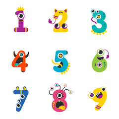 Funny Monsters Colorful Numbers Set, Cute Fantasy Aliens in the Shape of Numerals, Mathematics, Learning Material for Kids Cartoon Style Vector Illustration