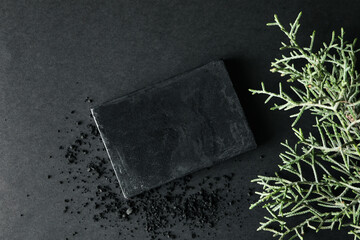 Charcoal soap and thuja branches on black background